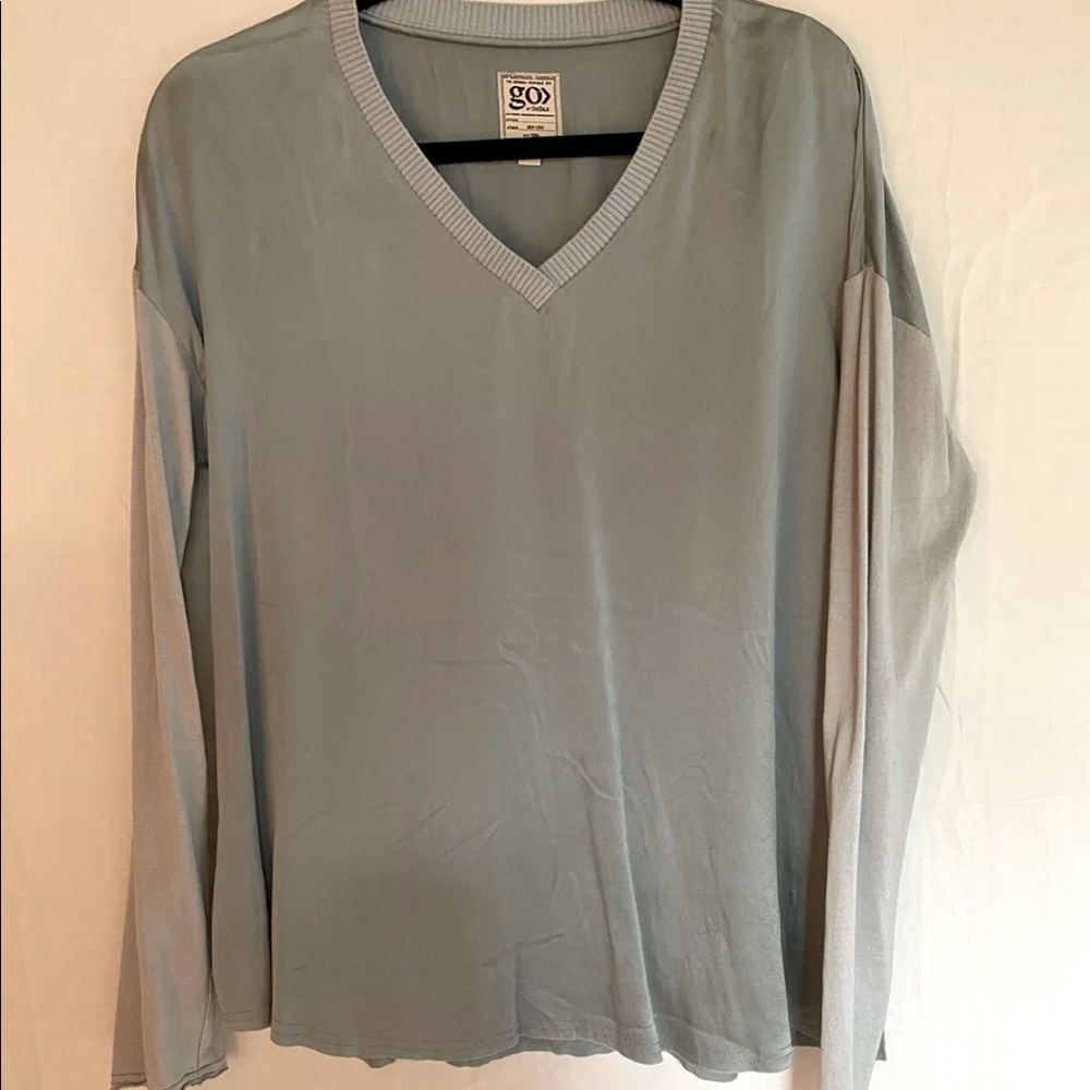 Go by Go Silk Pullover Shirt Tunic Size S V-neck Sage Green Washable Silk